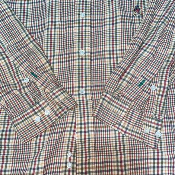 Tommy Hilfiger Long sleeve Shirt Button Down Men's L Pockets Logo Beige Plaid - Picture 7 of 9